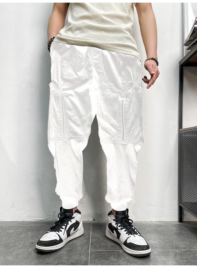 Men's Elastic Waist Zipper Big Pockets Drawstring Sports Cargo Pants