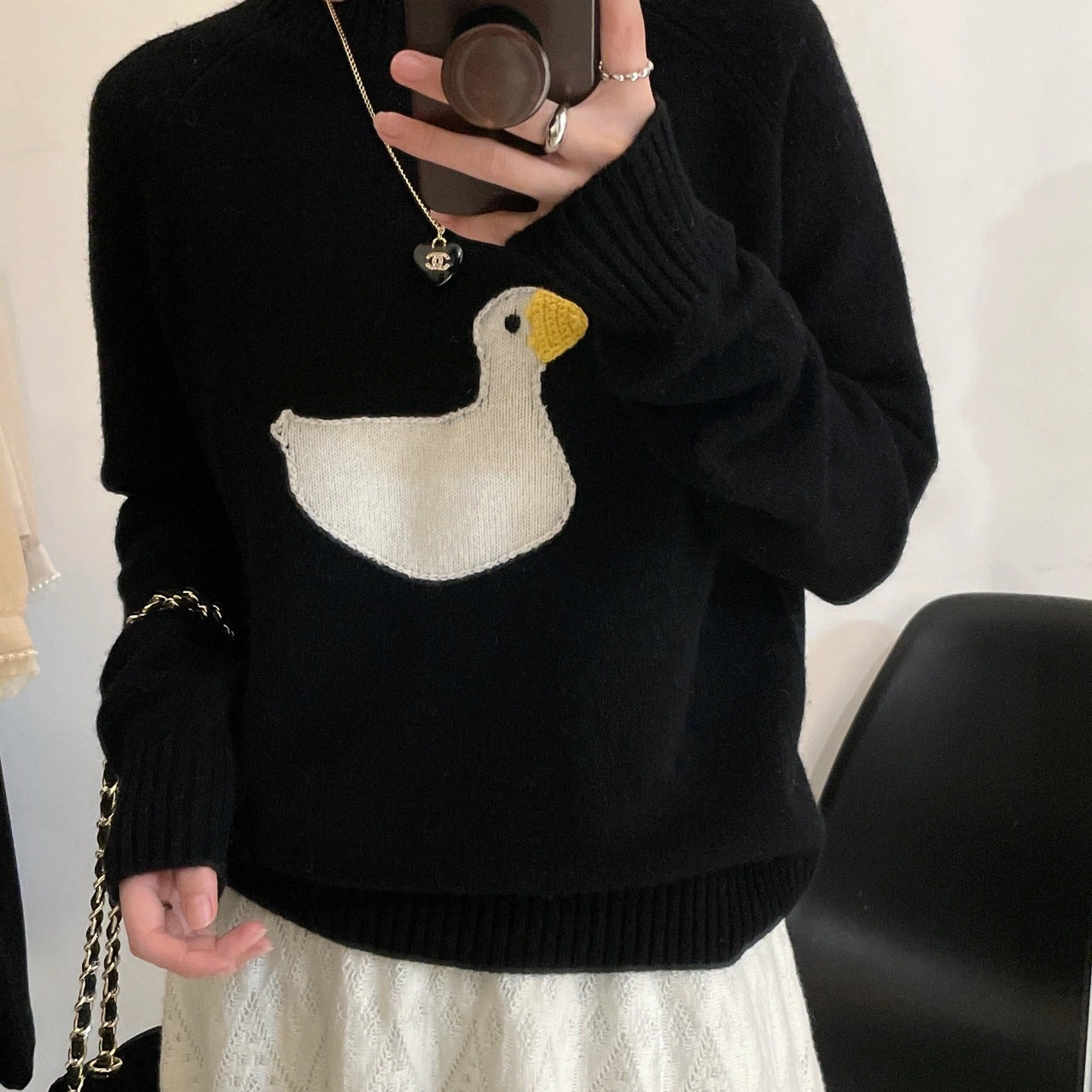 Cute Duckling Round Neck Sweater Texture Knitted Skirt Two-piece Suit