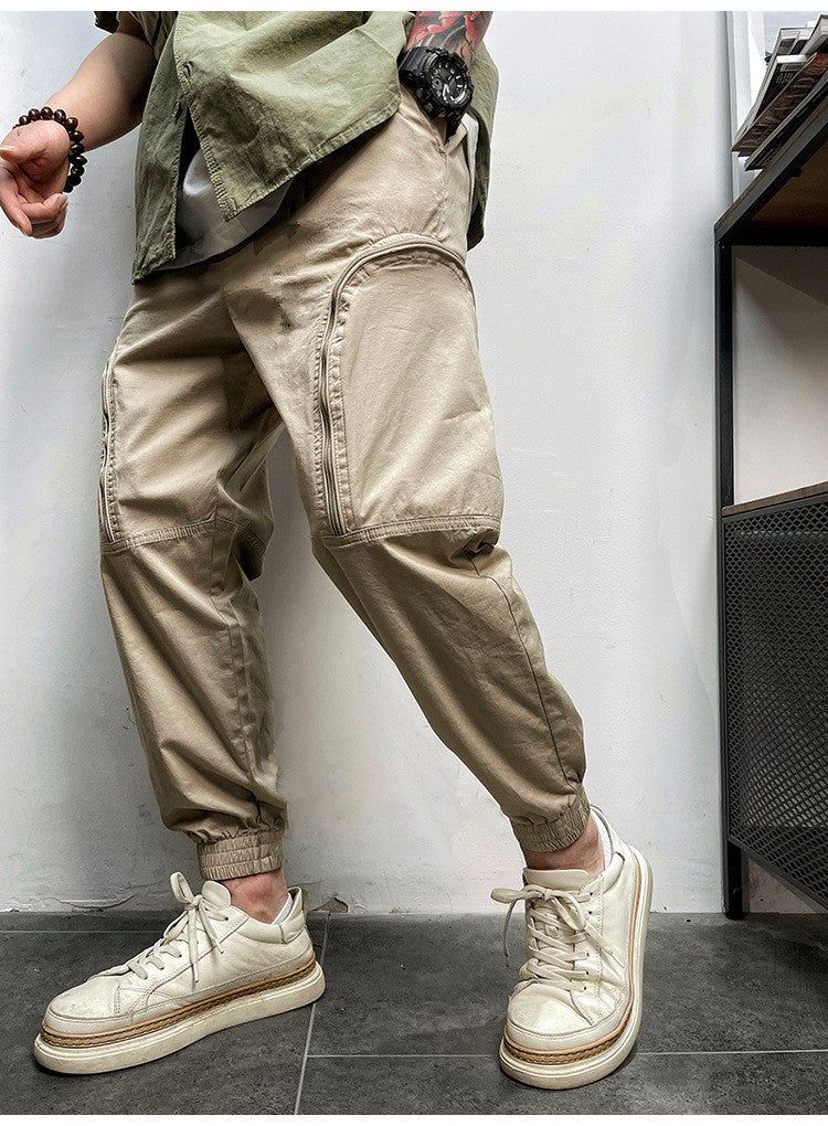 Men's Elastic Waist Zipper Big Pockets Drawstring Sports Cargo Pants - Minihomy