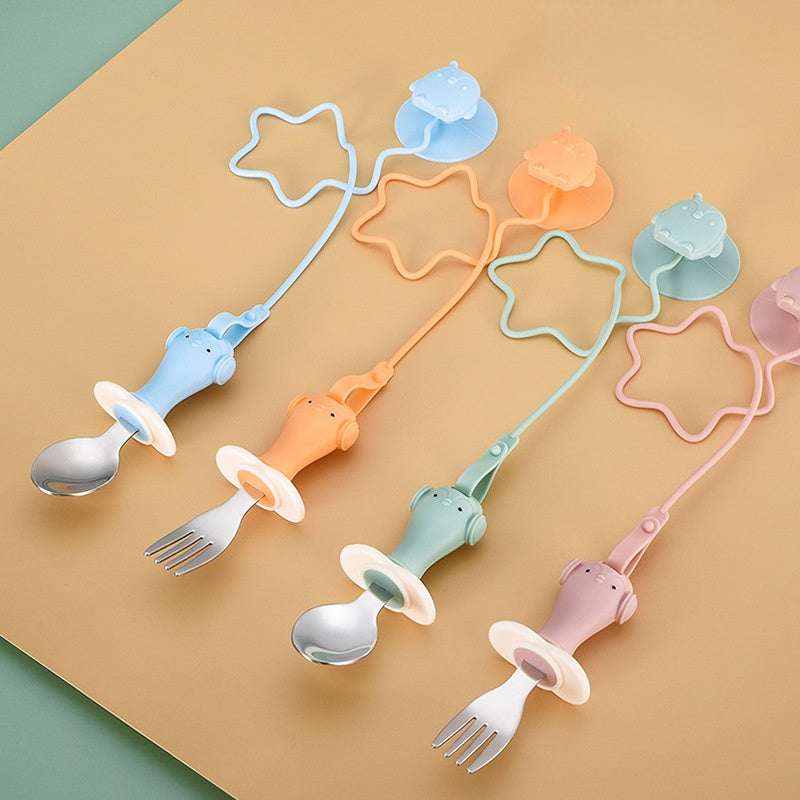 Infant Stainless Steel Training Spoon Fork Silicone Anti-drop for Children's - Minihomy