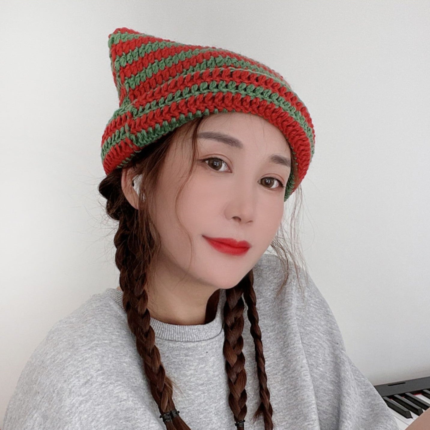 Ins Little Devil Striped Knitted Wool Hat Women