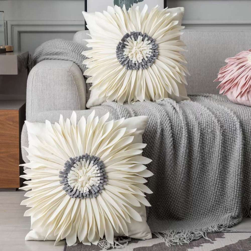 Modern Style White Throw Pillows Velvet Stitching 3D Chrysanthemum Cushion Waist Pillow Blue Cushion Case - Minihomy