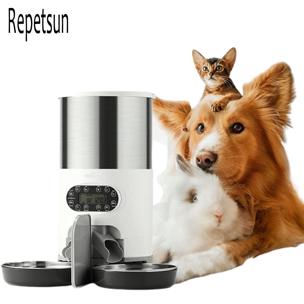 Timing Pet Feeder Automatic Pet Feeding Stainless Steel Double Bowl For 2 Small And Medium-Sized Cat Dog Smart Food Dispenser